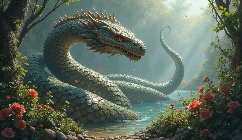 The great serpent from the Garden of Eden, a mystical creature with shiny scales and a menacing presence, in a paradisiacal and dark setting at the same time.