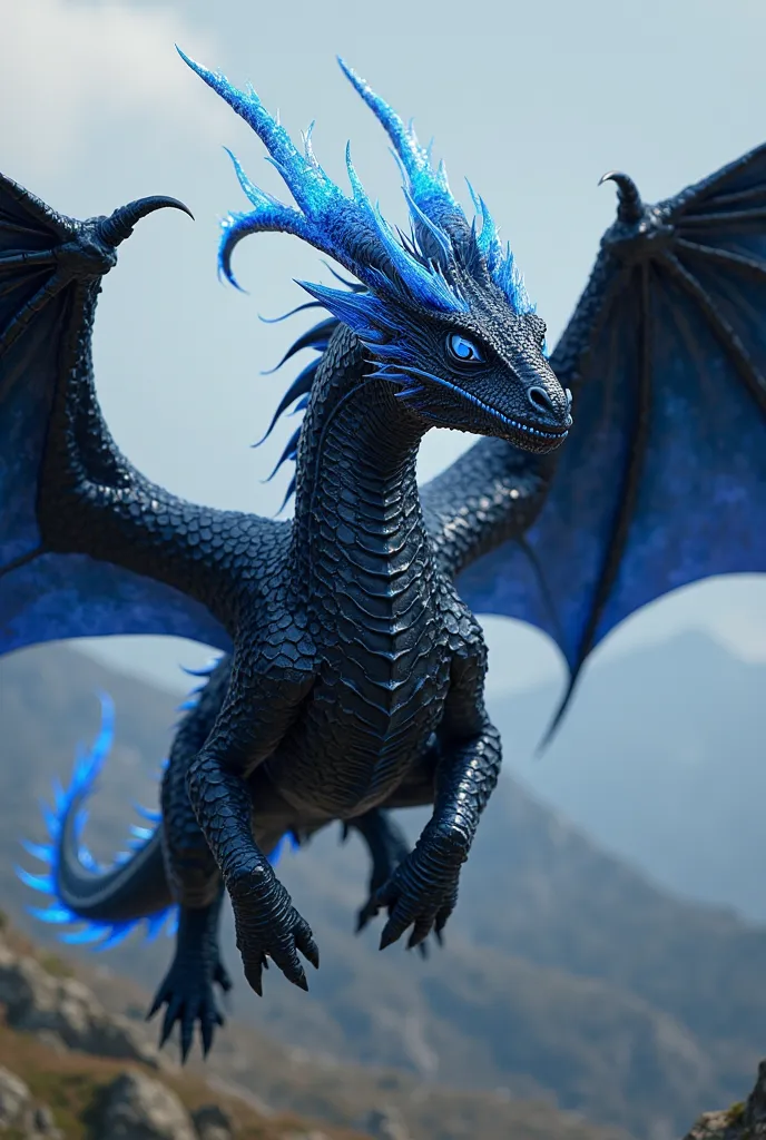 Black dragon with blue sparkles, completely white and shiny eyes, claws and long horns in electric blue, fierce, big,  impressive,  Realistic. That there is room on the back for a rider. The dragon is flying over a landscape,  side view