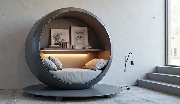 A futuristic reading pod suspended slightly off the ground, creating an intimate space for relaxation. The interior is lined with plush gray cushions and features integrated LED lighting. Behind the pod, a sleek floating shelf holds customizable frames, al...