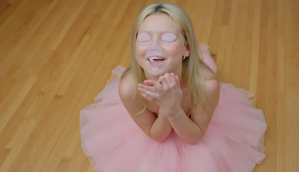 Beautiful, happy young girl, long blond hair, white skin, wearing pink cocktail dress, kneeling on hardwood floor, mouth very wide open, hands in prayer, top down view 