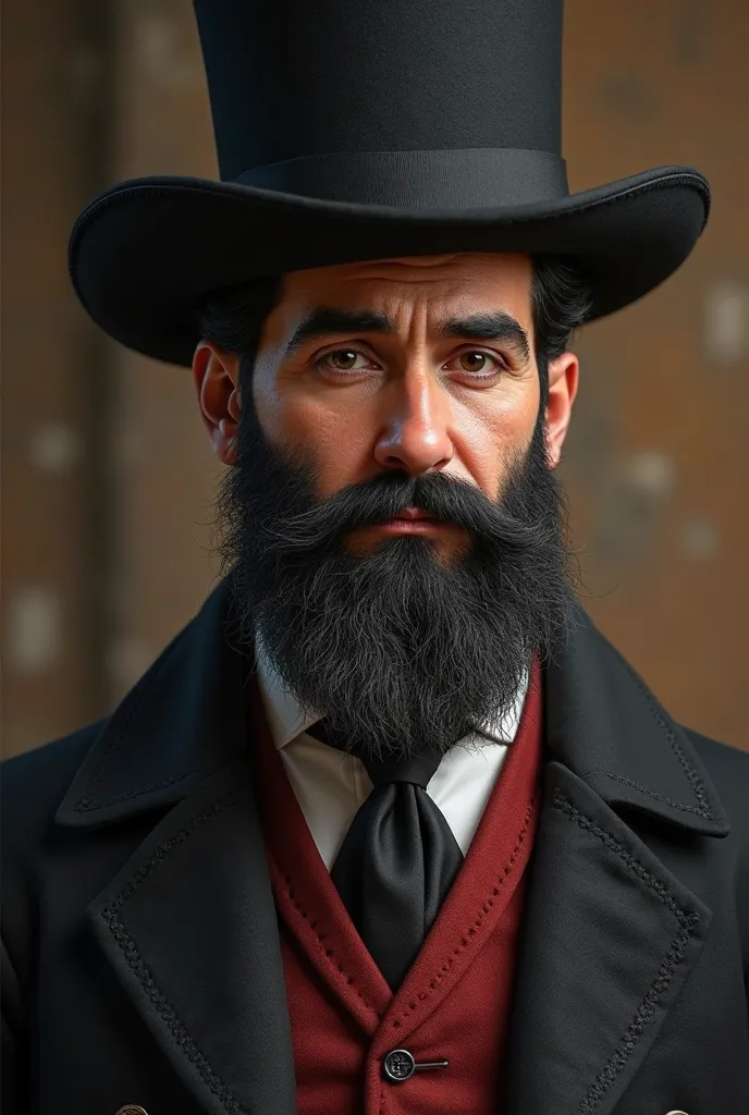 Draw an Armenian doctor, but not in doctor's clothes, clean clothes, with a round and bright face, with a black and red beard. With a black hat. He should wear something from the 1850s. 