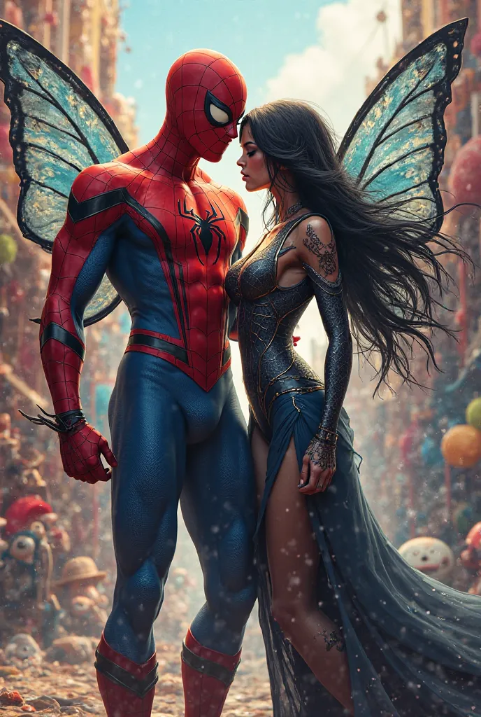 Spider man and butterfly woman with black hair and cartoon characters 