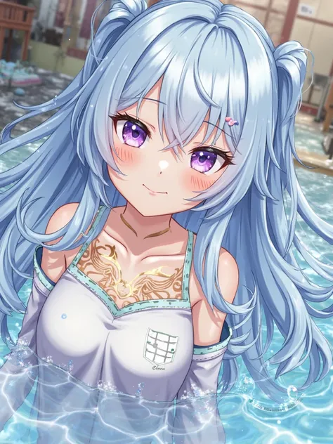 1 girl,  long hair,  medium hair, other rooms, light blue hair, purple pupils, HAIR CLIP, Floating Water ,  particle,   tattoo on upper chest,  Shining Tattoos ,  Eyeliner, smile, ,
, masterpiece,TOP QUALITY,amazing image quality,