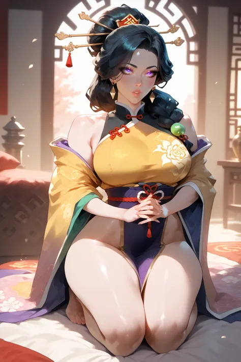 Chinese Female, drawn eyes, Jade colored eyes, calm gaze, long black hair, held in a Chinese style, kneeling on the ground, hands clasped, and looking at an incense burner, wearing a loose jade colored Chinese kimono, fleshy thighs, slim body, the backgrou...