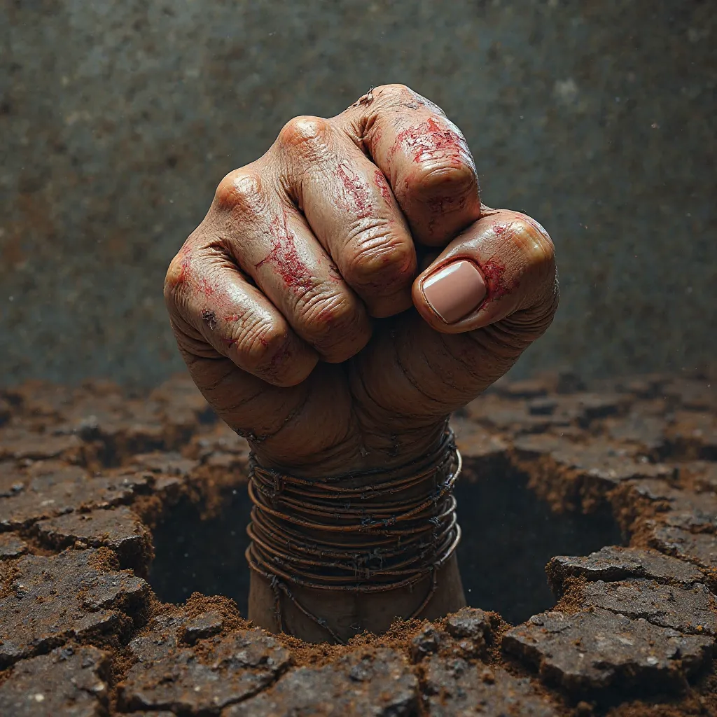 Graphic design of Fist coming out of the ground with cuts and bruises on knuckles and copper wire around the knuckles of the fist