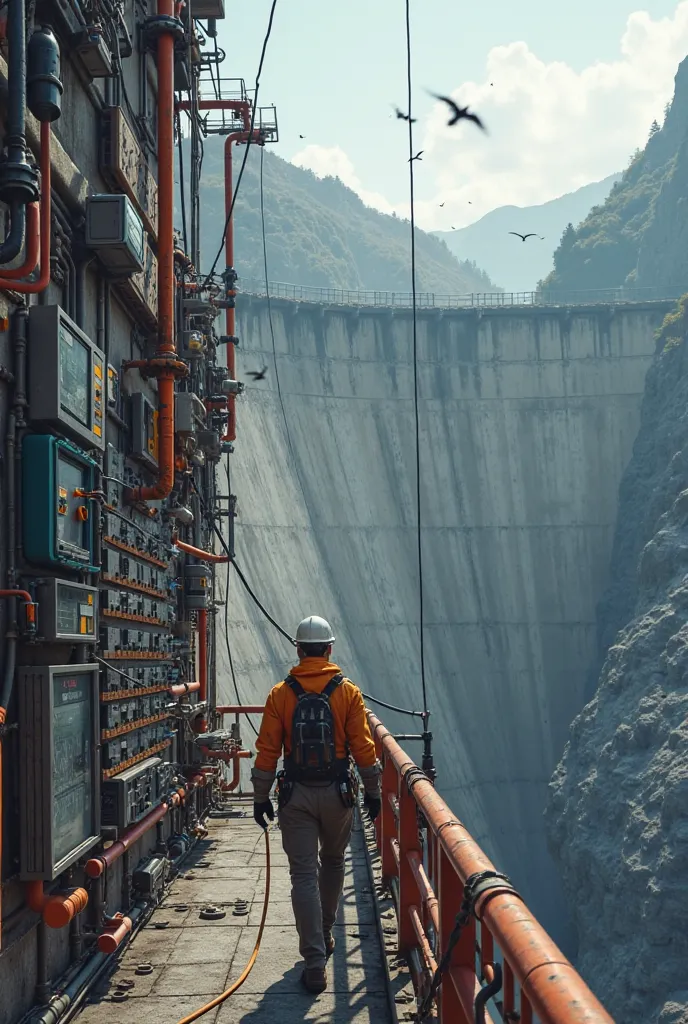 Technician inspecting a dam with sensors, Make it more specific