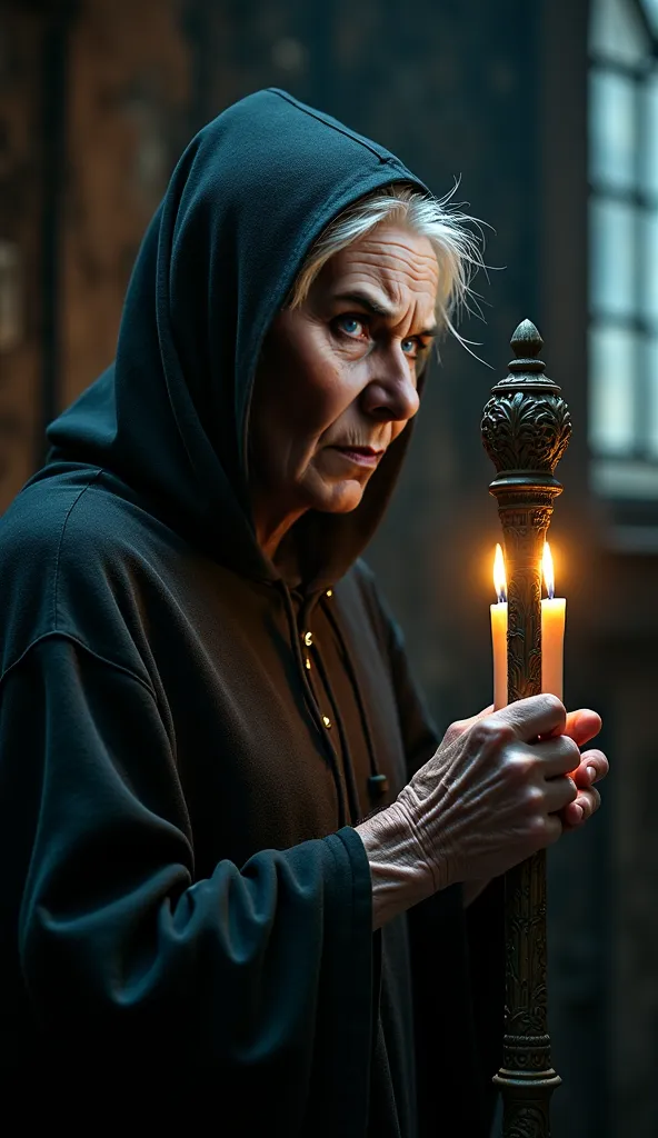 In the quiet, shadowy depths of her timeworn home, an elderly witch stands still, her hands firmly grasping a once-powerful magic staff. Though its dark power has faded, the staff retains a haunting beauty, its intricate carvings casting dancing shadows up...