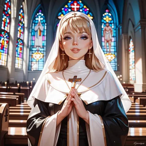 It seems that you are describing a very beautiful and delicate scene!  a short woman , Skinny and beautiful , with straight hair, black and long, wearing religious clothing, in a church setting, conveys an atmosphere of purity and serenity. The combination...