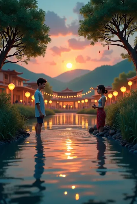 In cinematic 3d cartoon style "

ChatGPT said:
A melancholic village scene at dusk, where a sorrowful young man stands knee-deep in a gently flowing river, his gaze lost in the distance. Behind him, a grand wedding is taking place in a beautifully decorate...