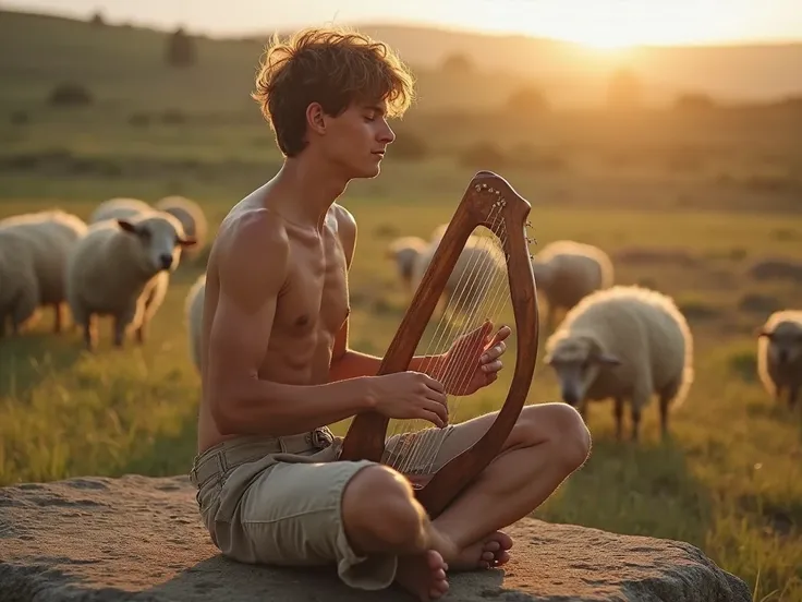 David, with his lean build and youthful face, sits on a flat rock in the pasture, playing a small wooden harp. His eyes are closed, expression peaceful. The sun casts a warm glow over him, with the sheep grazing quietly behind. Camera view: close-up on his...