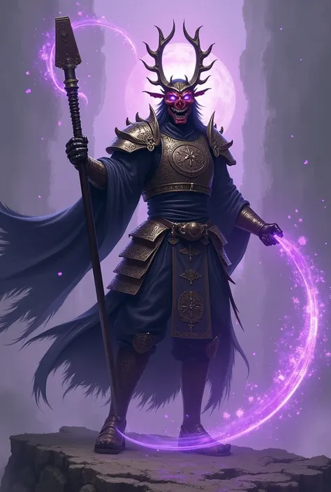 The man in the demon mask looks like Benkei holding a Japanese naginata The purple aura holding a naginata is cool and big