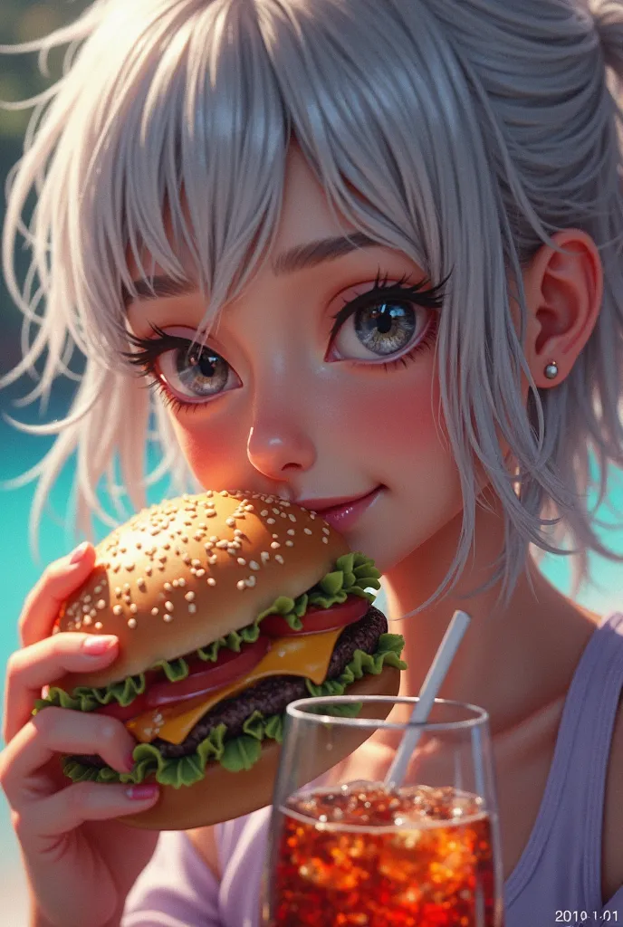 Close-up of an improved masterpiece:1.5)0.9], (hamburger and a glass of carbonated drink:1.2) ( Untidy silver hair:1.1) ( heterochromia: xanthochromia and vibrant colors for ren:1.2) (blurred shadows1.0) (background of the magical universe with very soft c...