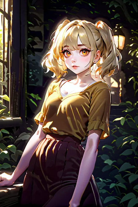 small girl, pale skin, big eyes, blonde hair, (((short twintails))), cute face, casual clothing, skirt