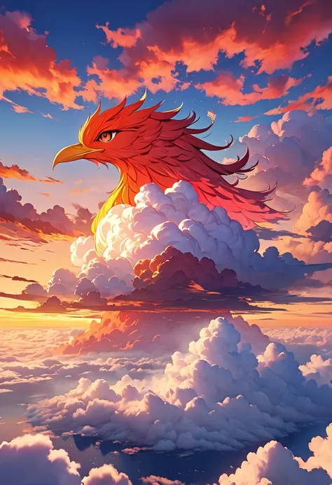 Fantastic Suzaku made of clouds, Vivid clouds imitating the shape of a prominent large sujaku floating above a sea of clouds, Create an image featuring a single large cloud in the shape of the mythical Suzaku (Vermilion Bird) floating above a sea of clouds...