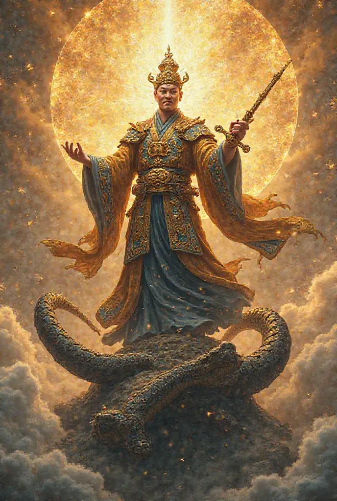 A majestic depiction of Xuan Tian Shangdi (Emperor Xuantian), the Mysterious Heavenly Emperor, standing powerfully atop a serpent and a turtle. He wears intricate golden and dark blue robes, holding a divine sword radiating celestial energy. Around him, an...