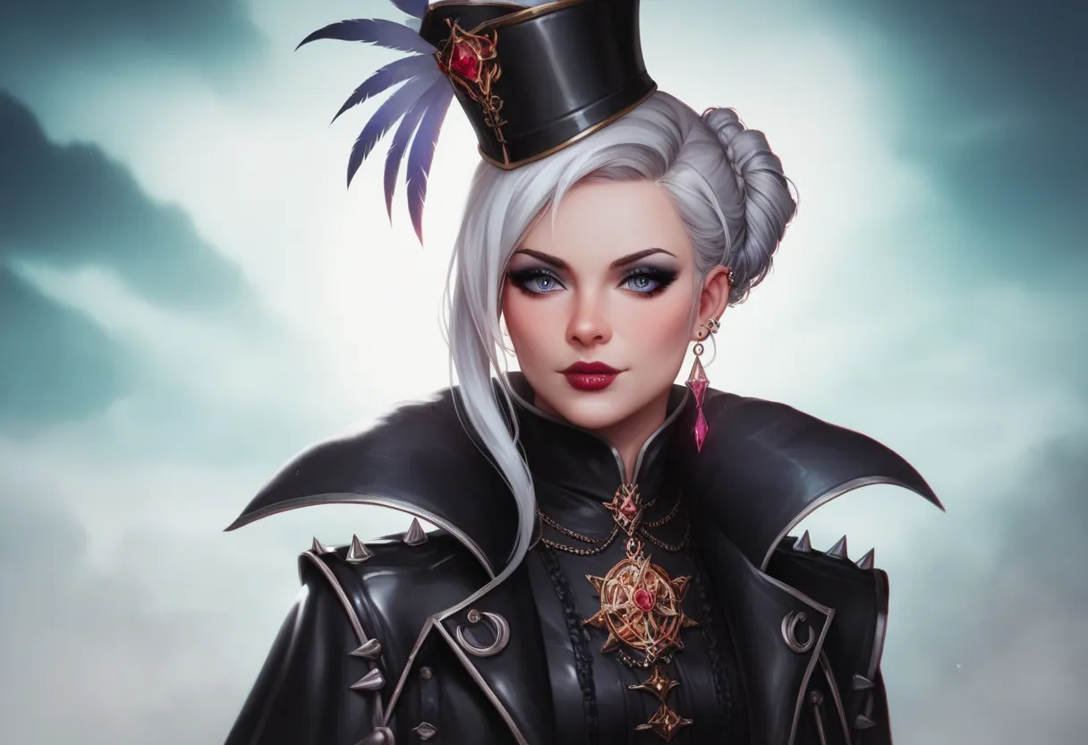 A gothic warrior woman, clad in an intricately embroidered dark leather coat with ornate gold detailing. She wears a tricorn hat adorned with a feather, and her silver hair cascades elegantly beneath it. Her piercing gaze is shadowed by the brim, exuding a...