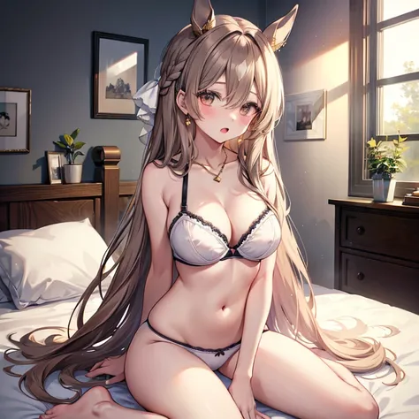 ((TOP QUALITY))、((masterpiece))、(exhaustive)、(Ultra High Definition)、Asat 、
long hair、half up、 braids、 hair between eyes、 animal ears、earrings、 A horse's tail is growing from the waist、big breasts、
( in underwear、bra、panties、necklaces)、
sitting on the bed、...