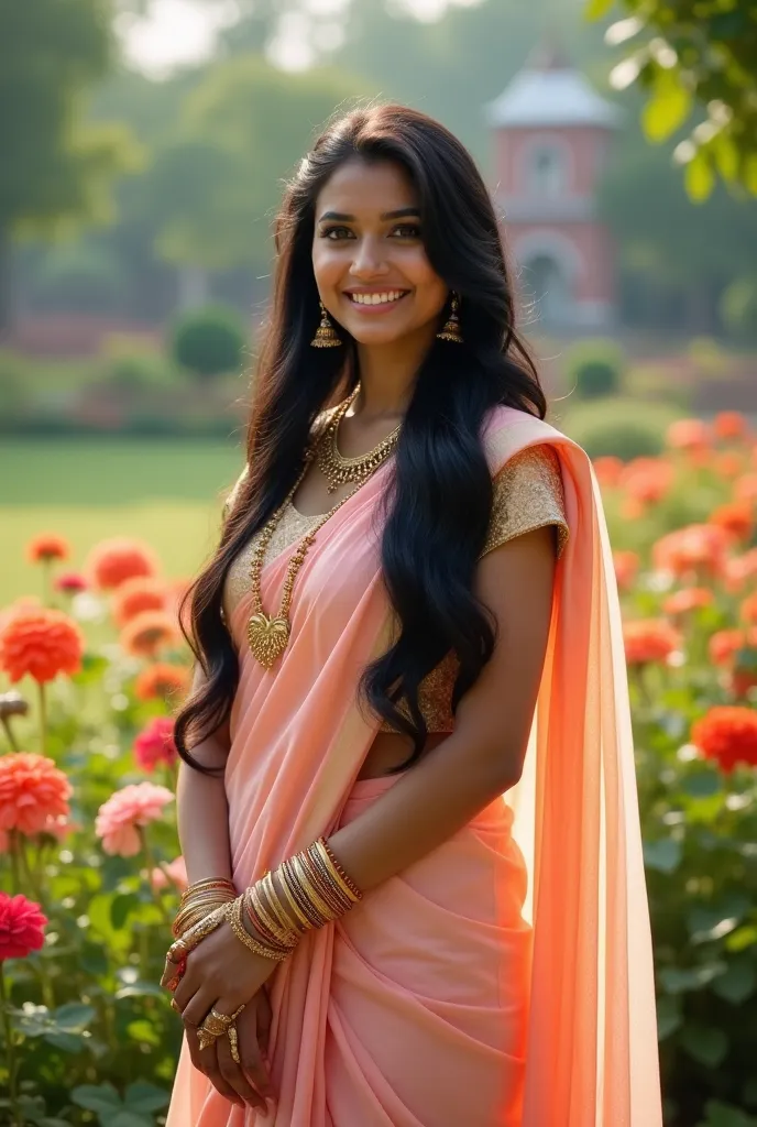 A stunning young Indian woman dressed in an elegant traditional saree, standing in a serene garden filled with vibrant flowers. She has long, flowing black hair, deep expressive eyes, and a warm smile. She wears intricate gold jewelry, including bangles an...