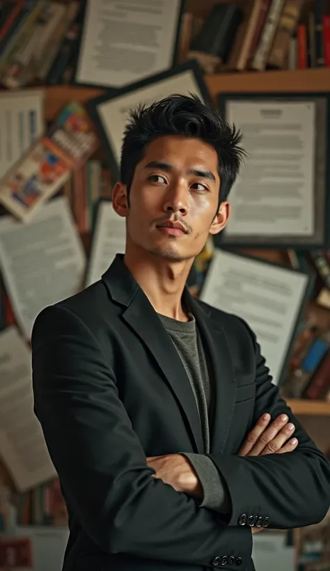 young handsome Asia man full of enthusiasm, movie stylish, Standing and listening with a ponder expression, surrounded by books and business papers.