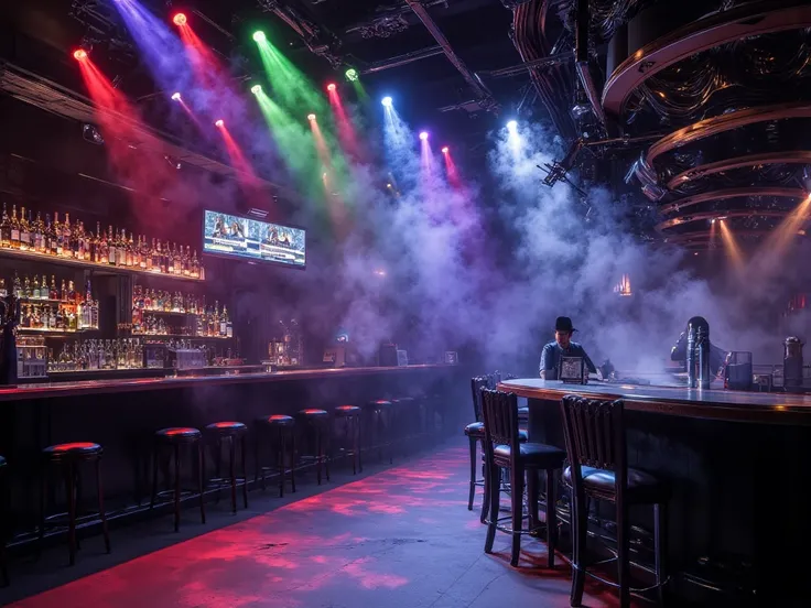 Night club, Inside , Beautiful Multicolored Spotlight, Smoke diffuses, Pattaya, Thailand, liquor bar on the left, There is a bar of tenders on the spot,  Realistic, Masterpieces, movies, clear detail, 8K resolution.