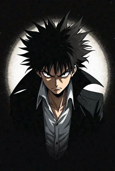 Only face Spike Spiegel anime character, Black in colour cout , white in colour shirt, angry face, In black shadow screen ,In circle 