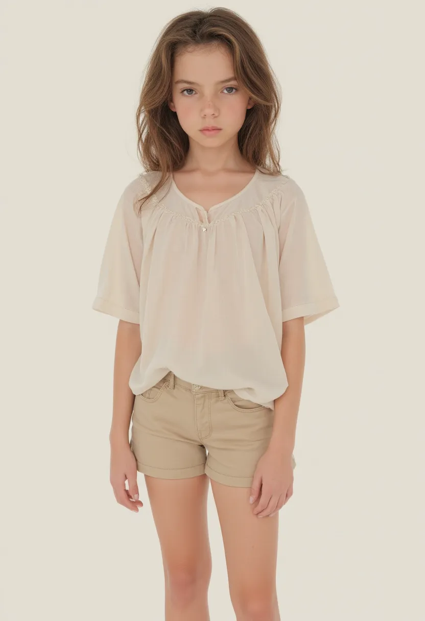  pre-adolescent younger ,wearing a blouse and small shorts 