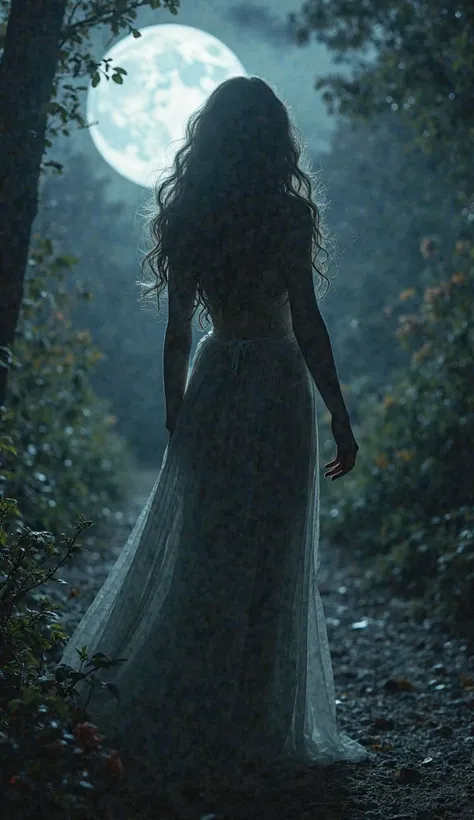 A mysterious, ethereal woman with deep, expressive eyes and flowing wavy hair stands in a moonlit garden. A soft breeze touches her, making her long hair sway gently as she senses a presence approaching. Her glowing silhouette shimmers under the silver lig...