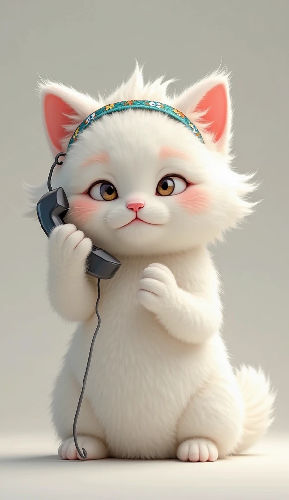 A realistic white furry cat (Feline) with a bruised head wearing a headband, talking on the cell phone, clear environment 