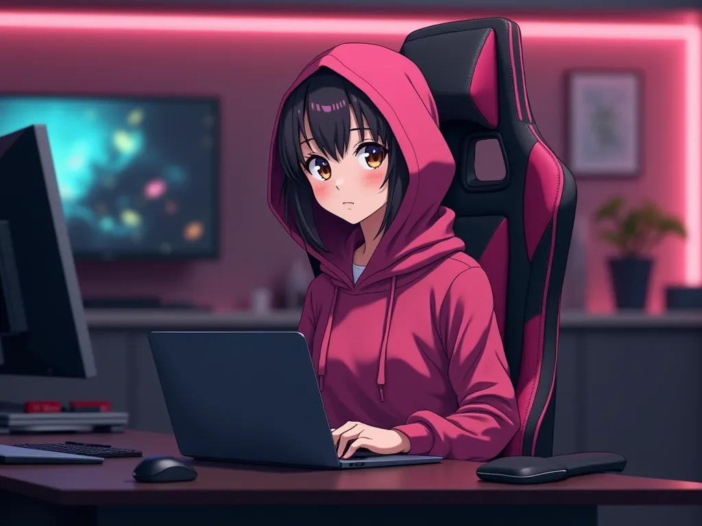 An anime muslim girl sitting confidently on a modern gaming chair in his YouTube studio. He is wearing a dark pink hoddie
His face is clearly visible and expressive despite . The girl is  working on laptop  while looking directly at the camera. The studio ...