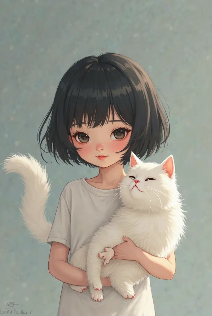 . Here is the edited description with ** A short black hair  ناعم كالحرير وعينين سوداوين لامعتين** للطفلة:

---

### **huge white cat:**  
"has a realistic fantasy scene for**. A two-year-old girl** has cute features: ** A short black hair ** shine like si...