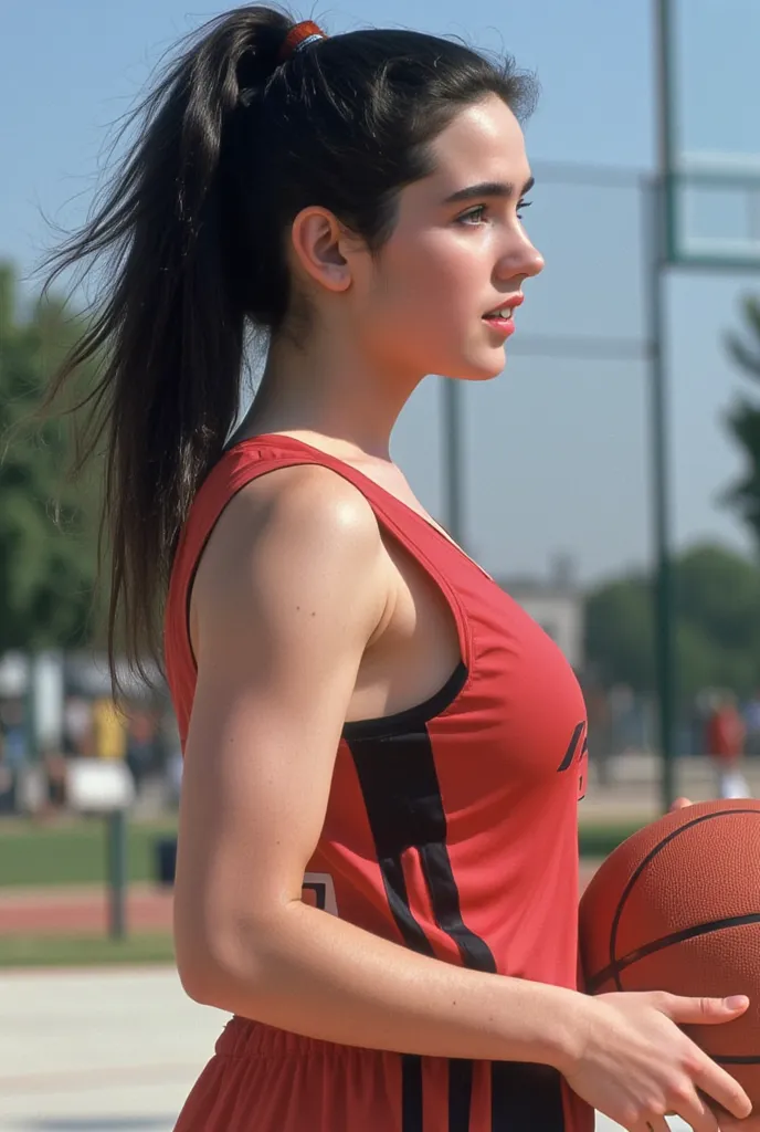 (  masterpiece,  top quality made of straw:1.2),  beautiful girl,   Jennifer Connelly , Her beautiful face, The whole body is shown , she's playing basketball.,  uniform,  hoodie,  her slender body   ,  My plump breasts are almost visible,  muscular,  heal...