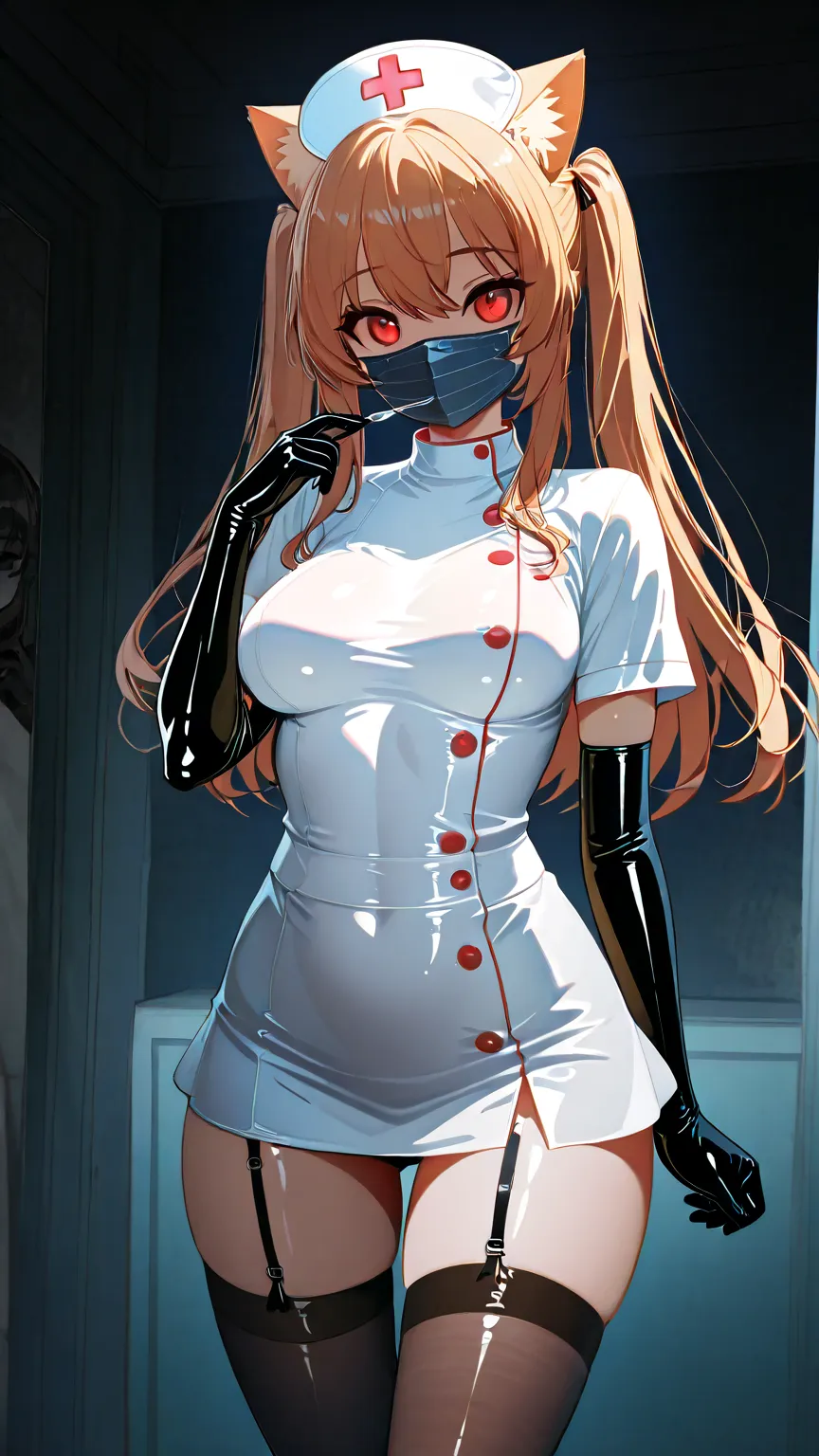  white tight mini skirt nurse clothes, black mask, black stockings,  black gloves,latex , scalpel,cat ears, 