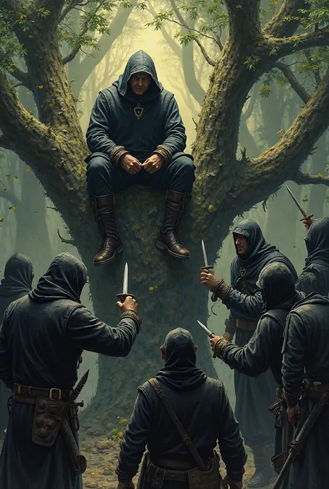 The thieves,dressed in dark clothing with weapons (daggers, clubs), surround the man sitting on the tree. They point fingers at him, accusing him of poisoning the food. The leader glares at him angrily while the others hold their weapons, looking threateni...