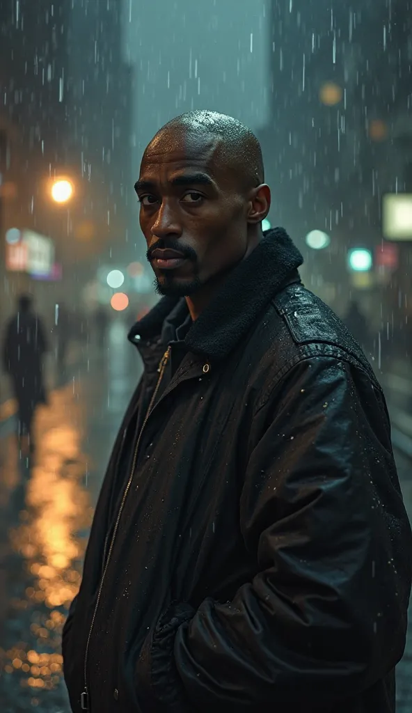 sad Tupac Shakur go to the dark and rainy street , It's night raining 