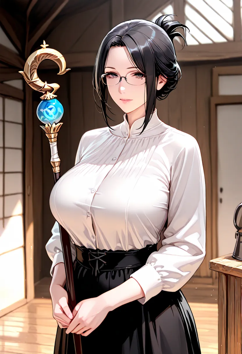 an adult looking white woman with black shoulder-length hairstyle and bangs on her forehead, grey eyes, white shirt, long black skirt, her clothes are medieval like, glasses, a magical staff in her hands, full torso, a wooden room behind her, she is lookin...