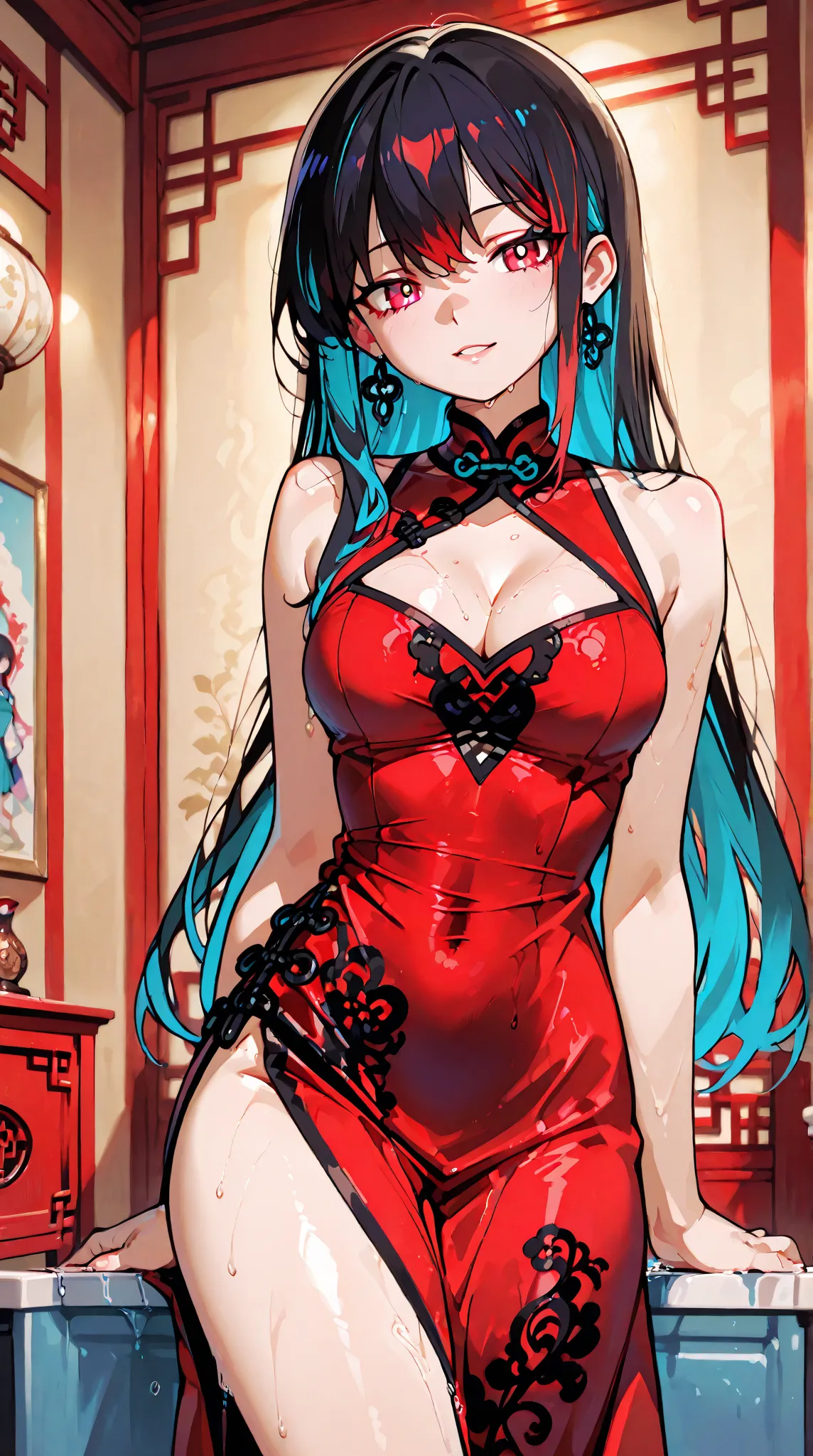 1 girl, solo,  long hair, look at cleavage,  black hair, red china dress