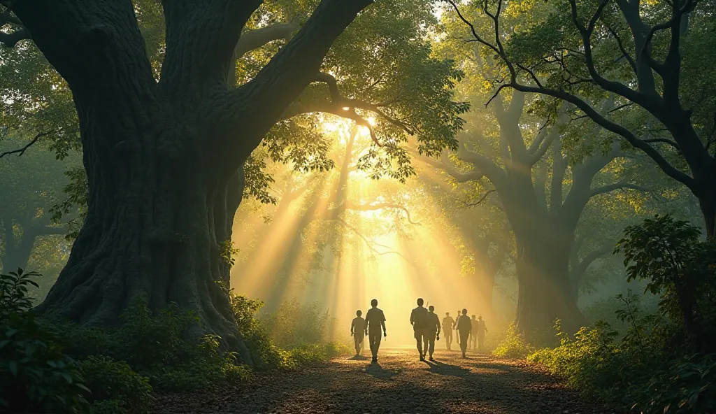 The frame shifts to a dense, mystical forest with towering banyan and sal trees.

Shafts of golden light pierce through the leaves; shadows of soldiers flicker between trees.

Sound: Distant bird calls and rustling leaves