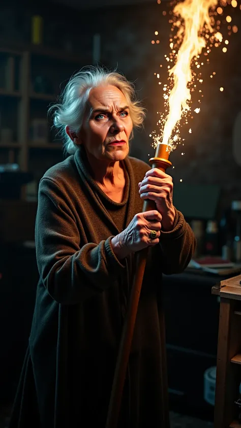 In the dim, cluttered confines of her ancient home, an elderly witch stands with a fierce, angry expression etched across her face. Her hands clutch a once-mighty magic staff, its surface weathered and worn from centuries of use. Suddenly, a burst of magic...