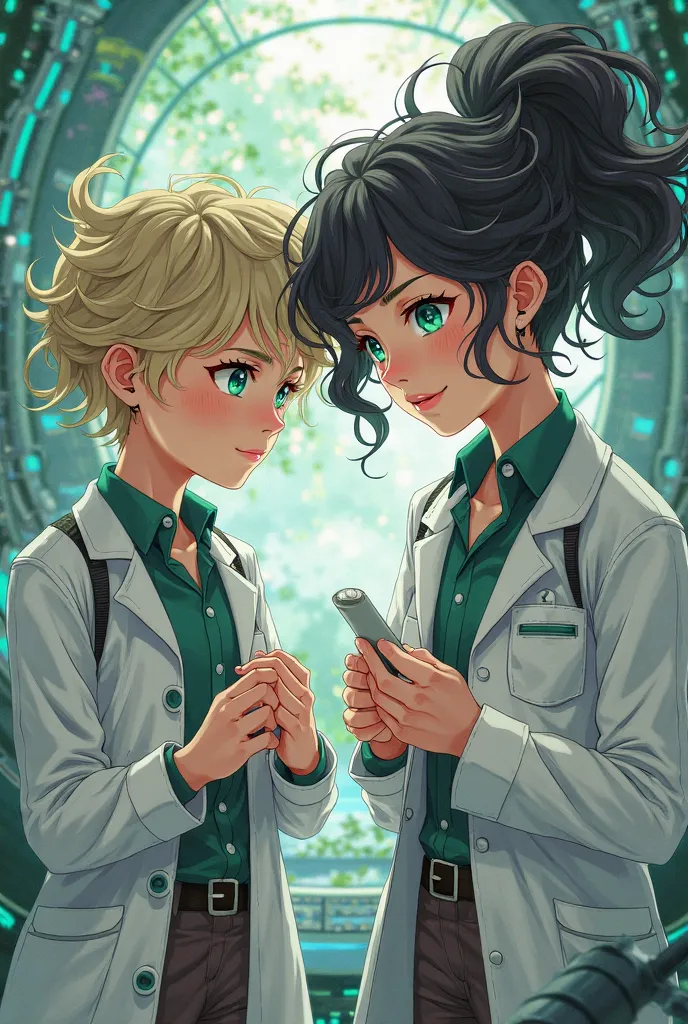 A young engineer and a young scientist with white skin with green eyes and curly hair with a ponytail. The image that is like an anime