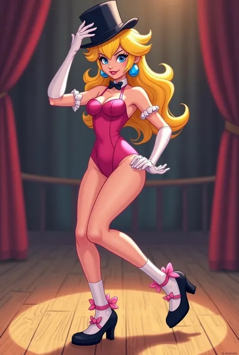 Cartoon sexy Princess Peach wearing a pink leotard, pink bow tie with a white collar around her neck, sharp black Mary Jane tap shoes, with white ruffled socks, tap dancing sexy on a wood board, her hands on her hips, tipping and wearing a black top hat, p...