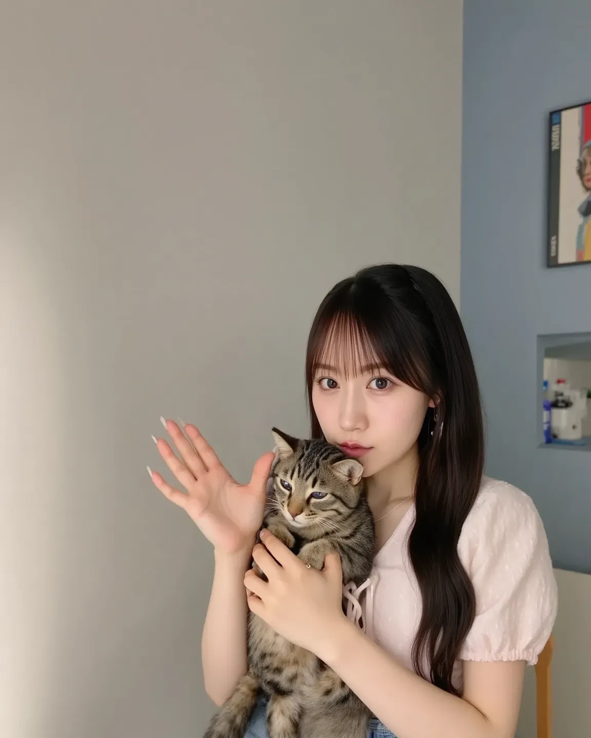 "A cute Japanese woman gently hugging a cat, with her eyes closed in a relaxed, peaceful expression. The cat is nestled comfortably in her arms, feeling safe and sleeping peacefully. The woman is wearing casual clothes, such as a simple t-shirt and jeans. ...