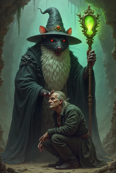 Rat Master with the face of a black rat with a long white beard and with a sorcerer's hat and a staff with a green jewel, with your hand placed on the head of a kneeling man