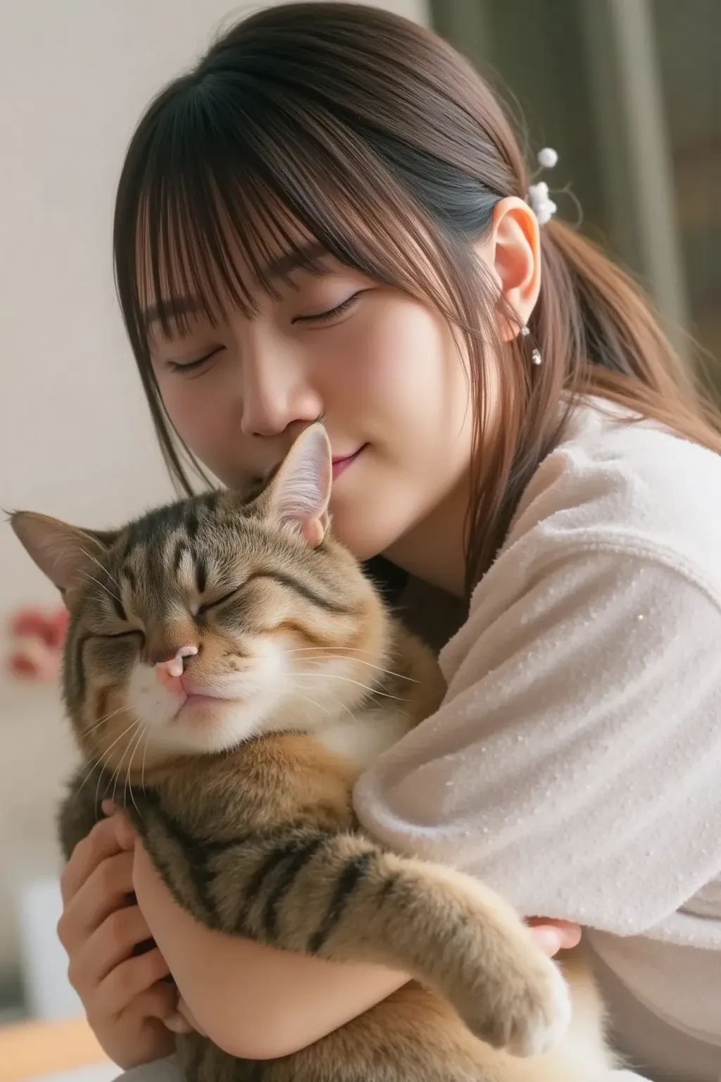 "A cute Japanese woman gently hugging a cat, with her eyes closed in a relaxed, peaceful expression. The cat is nestled comfortably in her arms, feeling safe and sleeping peacefully. The woman is wearing casual clothes, such as a simple t-shirt and jeans. ...