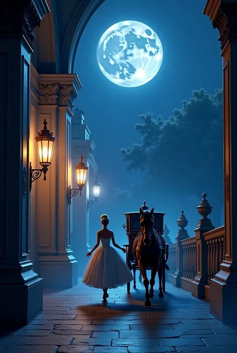 midnight race
Prompt: Cinderella, who is moving the carriage forward, runs down the stairs of the palace when the clock tells midnight、hectic scene, Her animal friends、The horse-drawn carriage is moving forward so as to be bogged down.