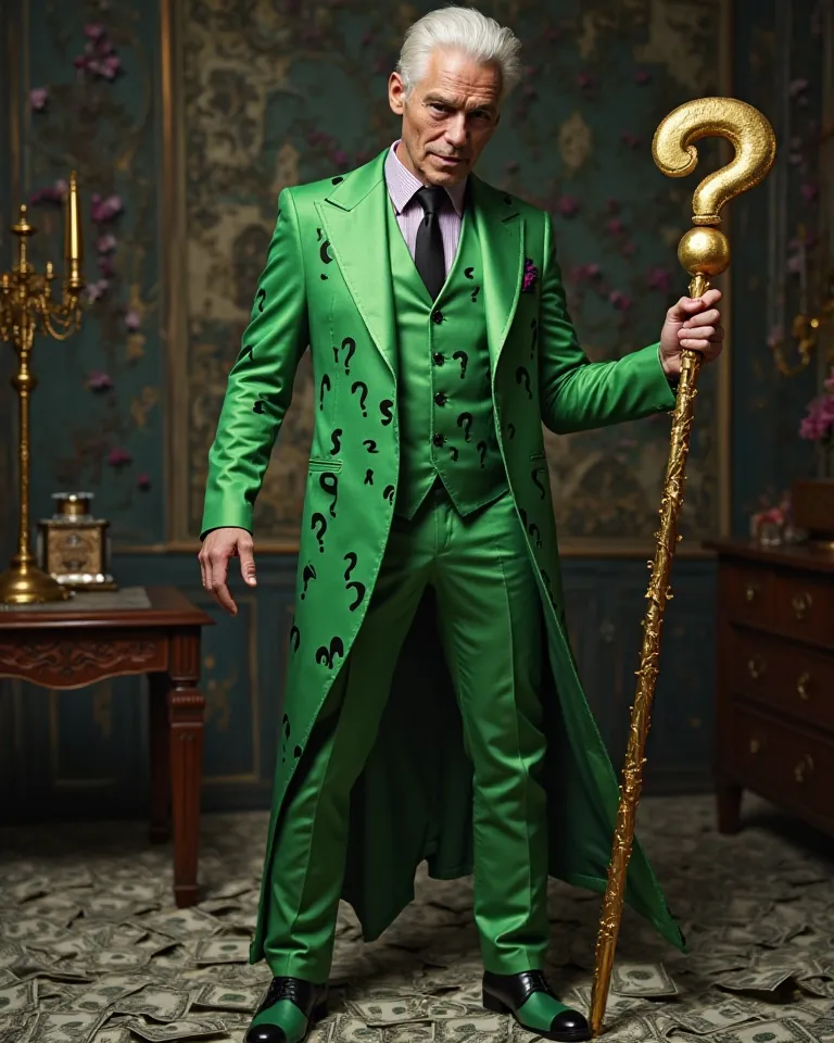 The Riddler has a flamboyant and iconic look. He wears a vibrant green suit covered with several black question marks, reinforcing his identity as an enigmatic villain. The costume includes matching pants and green shoes with black details. Her hair is sho...