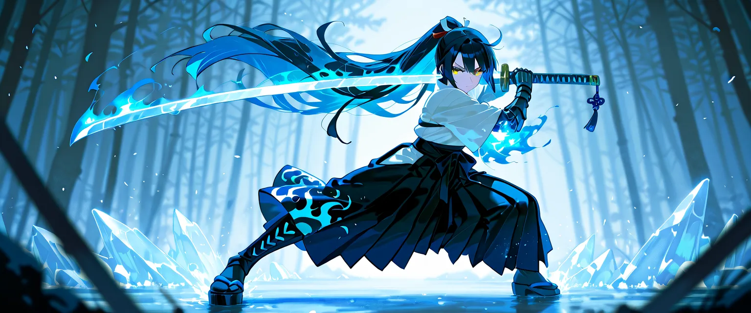 best quality, high detailed, (big weapon), Samurai Girl, mechanical right arm, attack stance, katana, frozen arm, cold blue flame, Slash effect, serious, hakama, beautiful eyes, super fine eyes