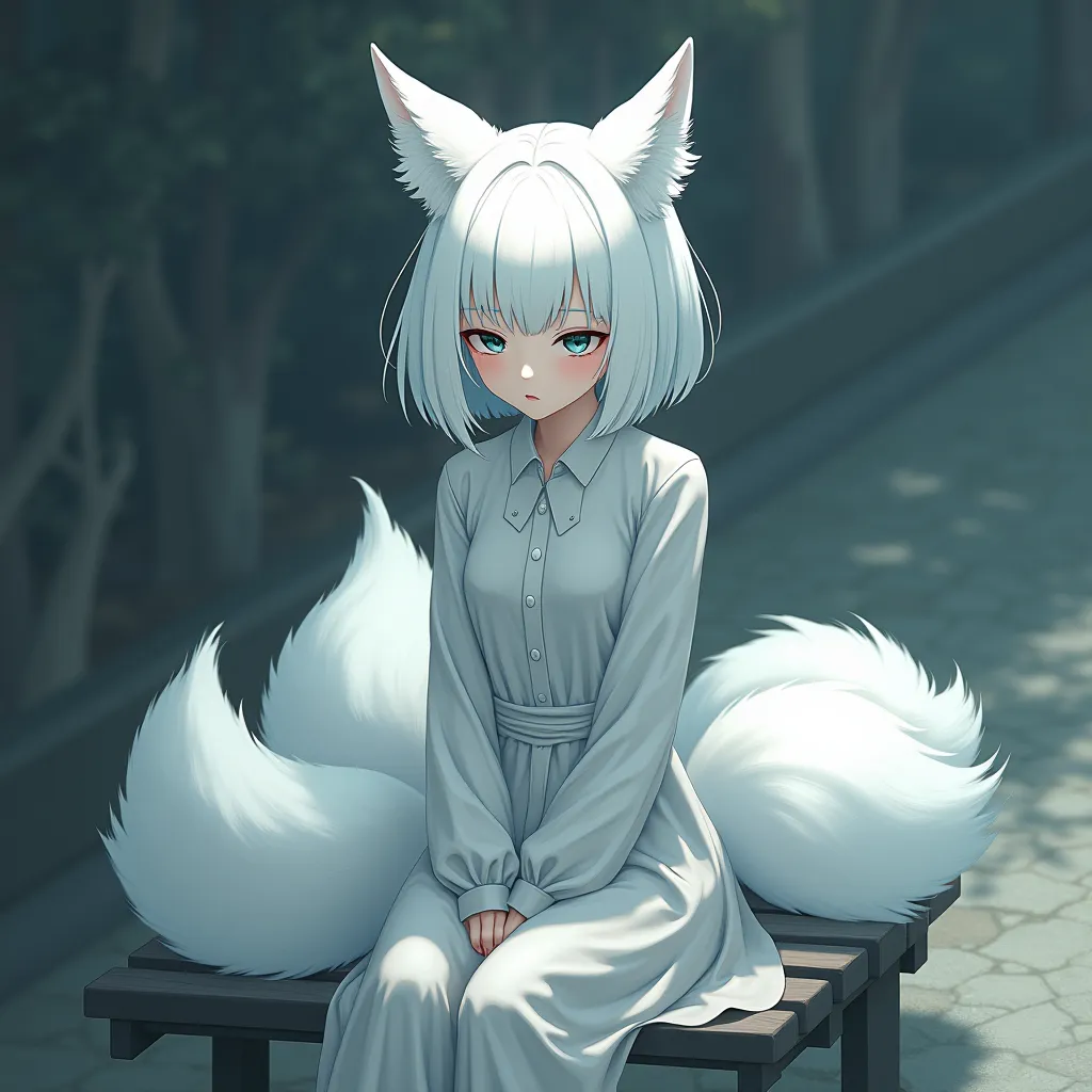 A girl, sitting on bench, like a gumiho, short hair, bob hair, white hair, have a tails, solo, sad expression, anime, ahegao