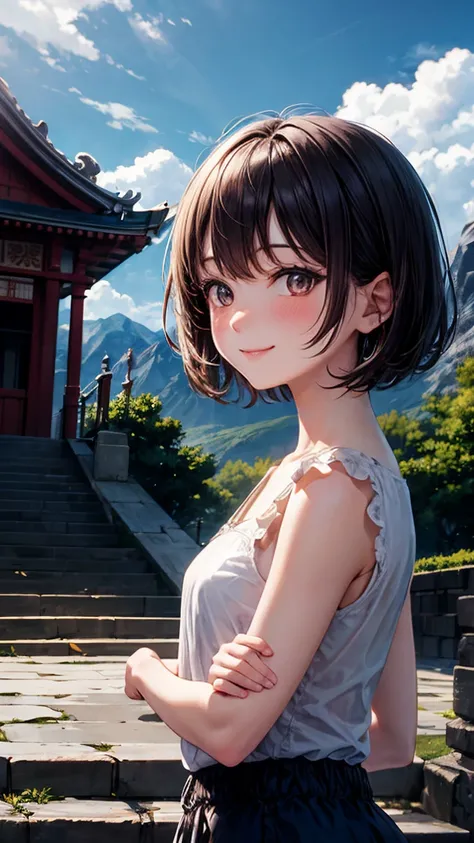 ganyudef, upper body, smile, blush, outdoors, day, simple background, blue sky, short hair, sky, temple, looking at viewer, stairs, mountain, moody lighting,