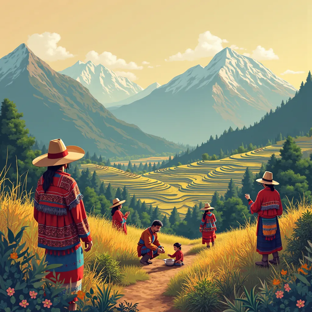 a vibrant and scenic landscape of Peru that captures the essence of its rich cultural heritage and traditions. The scene should feature the majestic Andes mountains in the background, with terraced fields in the foreground, showcasing the agricultural prac...