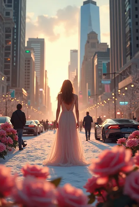 A young beautiful girl from the USA stands in front of famous US places with light brown hair in the evening with lots of roses, with snow, with lots of people and sports cars, surrounding the road 